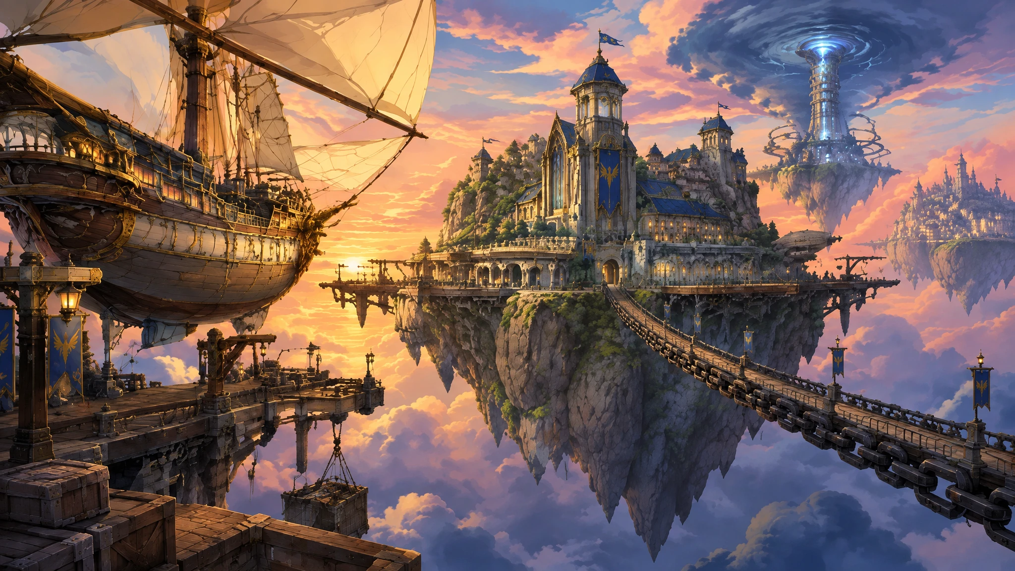 Kestrel Skyport rises on a floating island above clouds, with a sail-winged airship at its docks and a narrow bridge over the drop below.