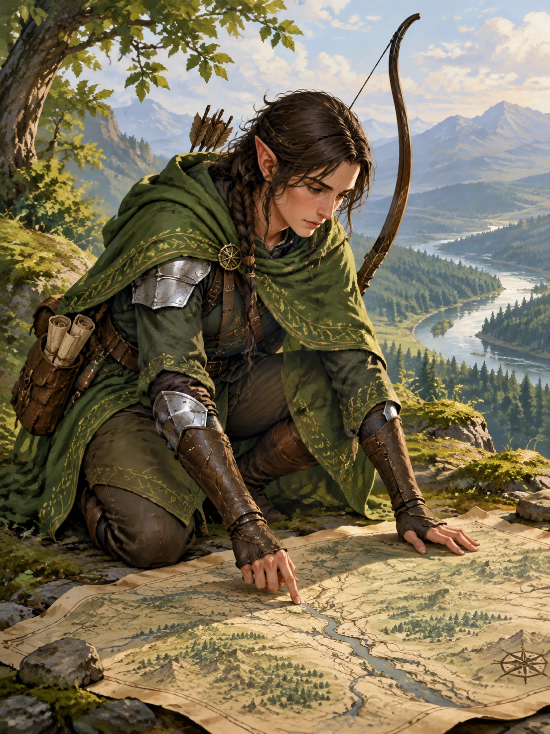 Ilyr, a dark-haired elf archer in a green cloak, reading a map above a wooded valley.