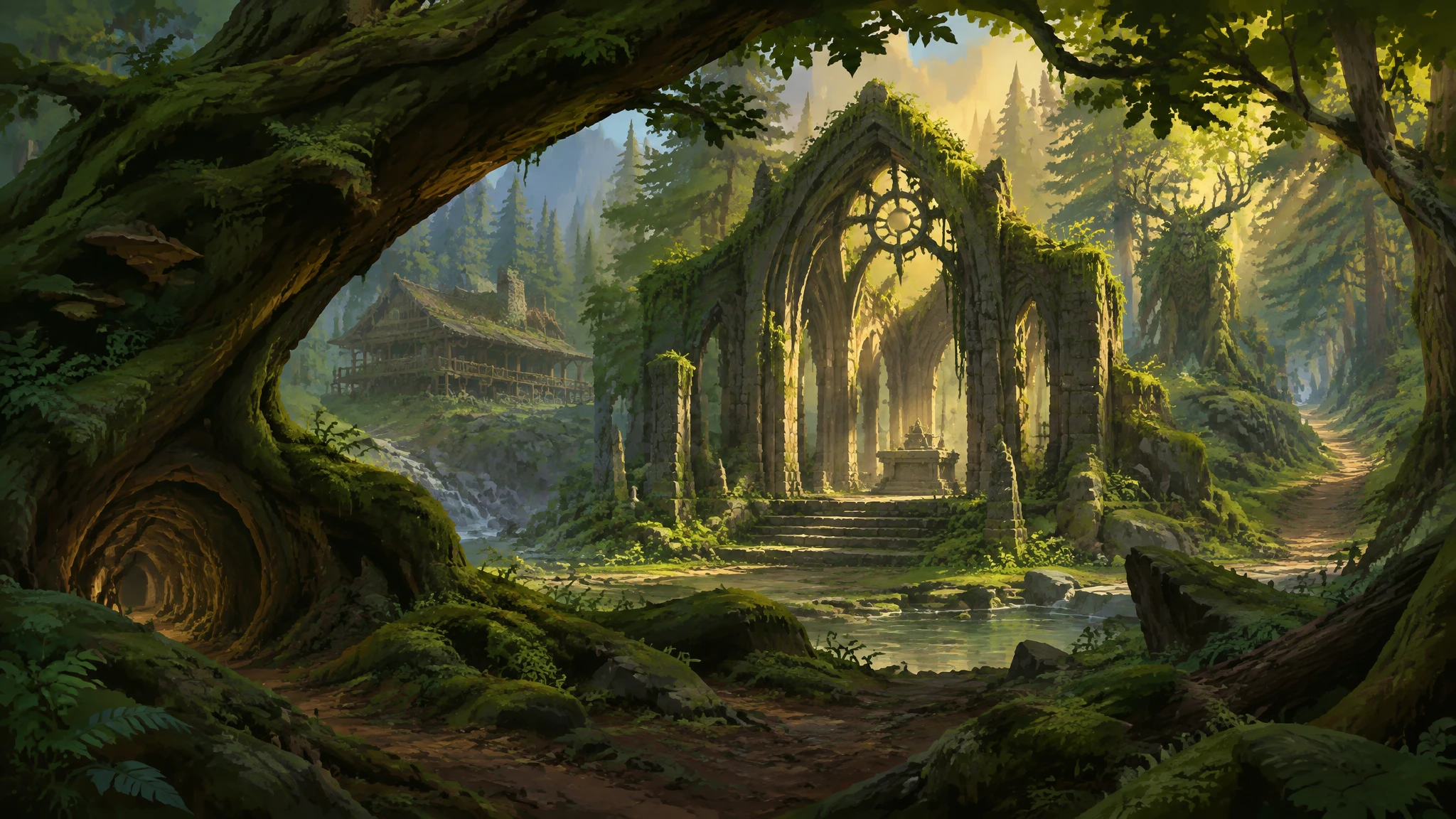 Sunlit moss-covered ruins and a tall stone arch beneath the trees of Moss Crown Wood.