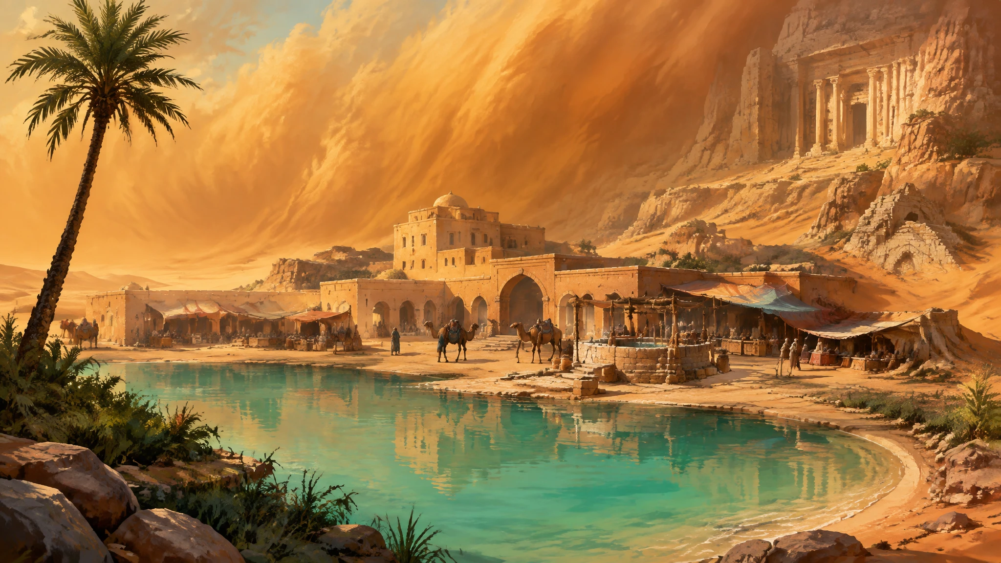 Turquoise water, tall palms, and sandstone buildings at Glasswind Oasis in bright daylight.